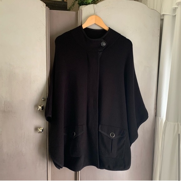 Anne Klein High Neck Pocketed Cape Black Sweater Shrug Poncho Mock Neck - Picture 7 of 14